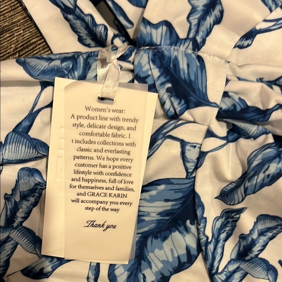 Grace Karin Blue and White Leaf Print women’s Dress - Picture 4 of 10